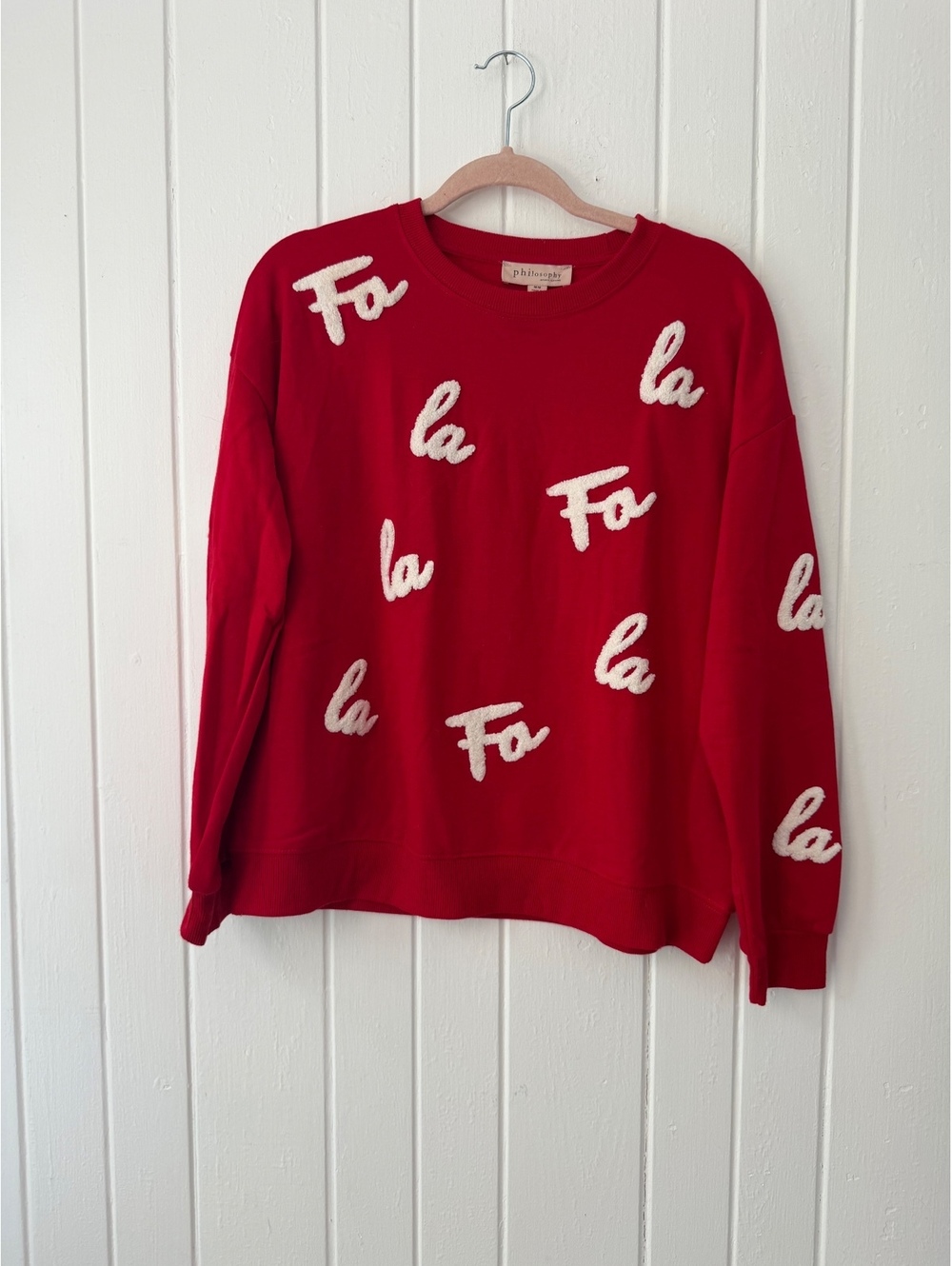 Philosophy Red Crewneck Sweatshirt with 'Fa La La' Embroidered size Medium